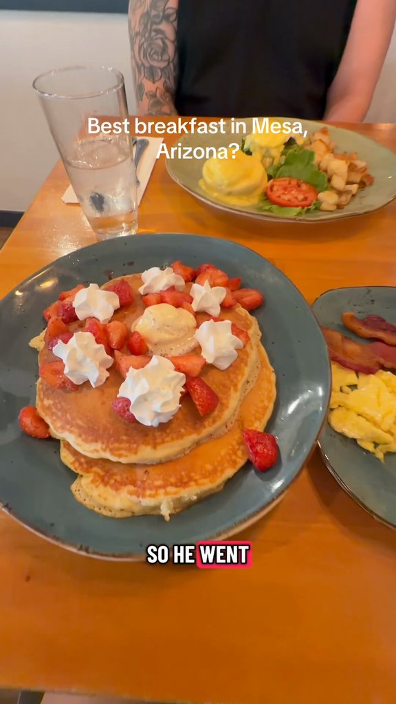 A stack of pancakes with strawberries and whipped cream at T.C. Eggington's in Mesa, Arizona.